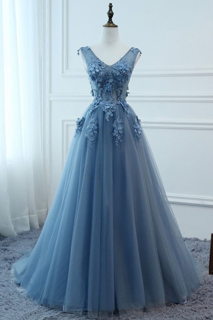 Beautiful Blue Long Tulle Prom Dress With Lace Flowers, Party Gowns 2019