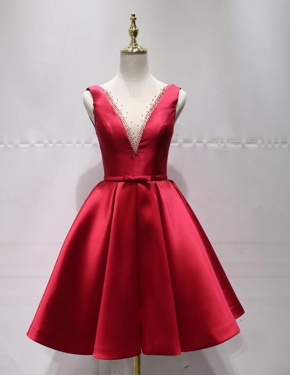 Red Satin Knee Length Party Dress 2019, Charming Red Formal Dress