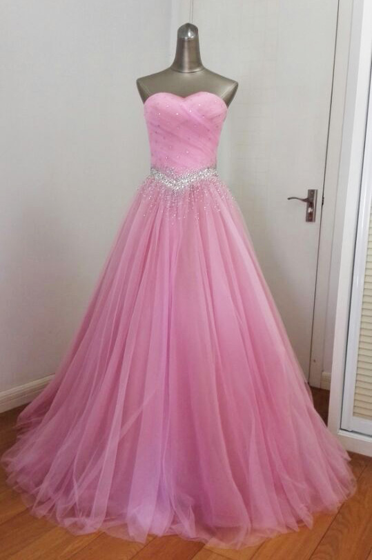 Pink Beaded Cute Party Dress, Sweet Pink Tulle Long Formal Dress 2019