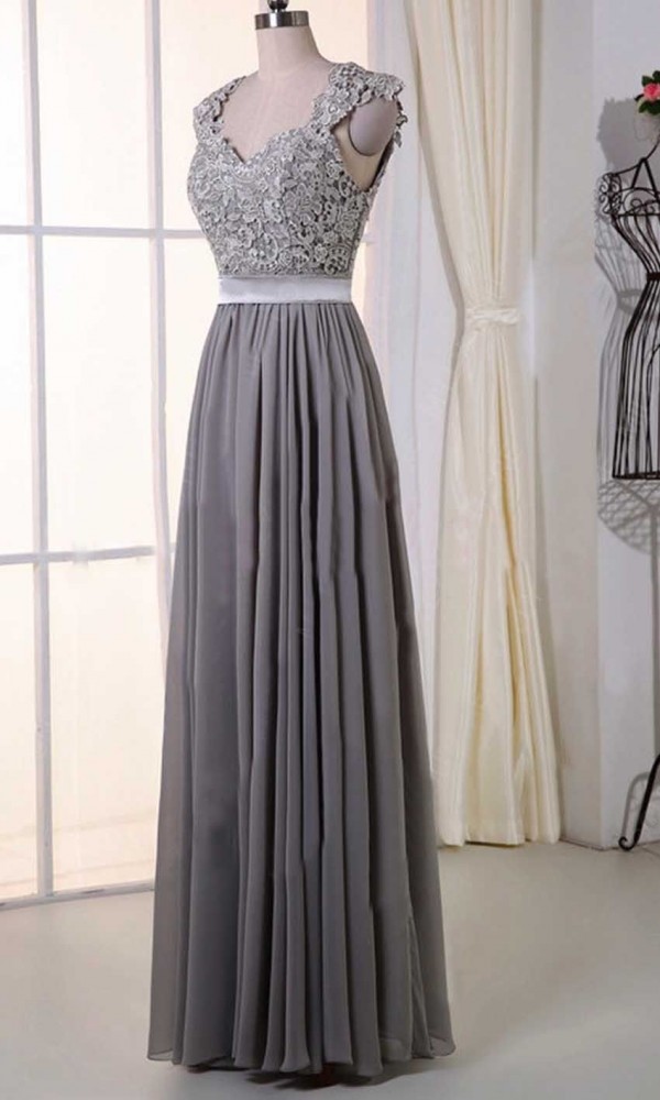 Lovely Grey Lace And Chiffon Cap Sleeves Formal Dress 2019, Women Party Dress 2019