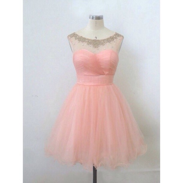 Cute Transparent Pearl Pink Ball Gown Round Neckline Mini Prom/graduation/ Homecoming Dress