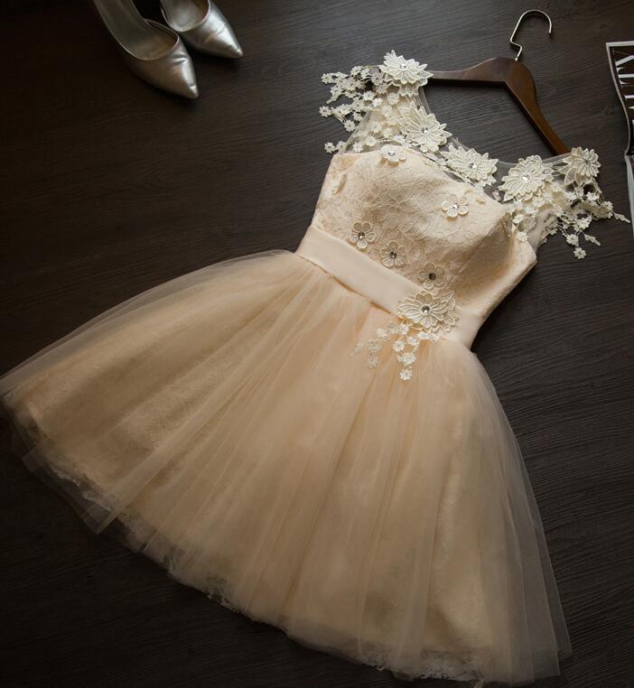 Lovely Champagne Tulle And Lace Short Formal Dress 2019, Homecoming Dresses