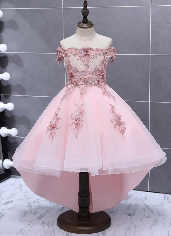 Lovely Pink Tulle With Flower Lace Applique Flower Girl Dress, Cute Little Flower Girl Dress In Stock
