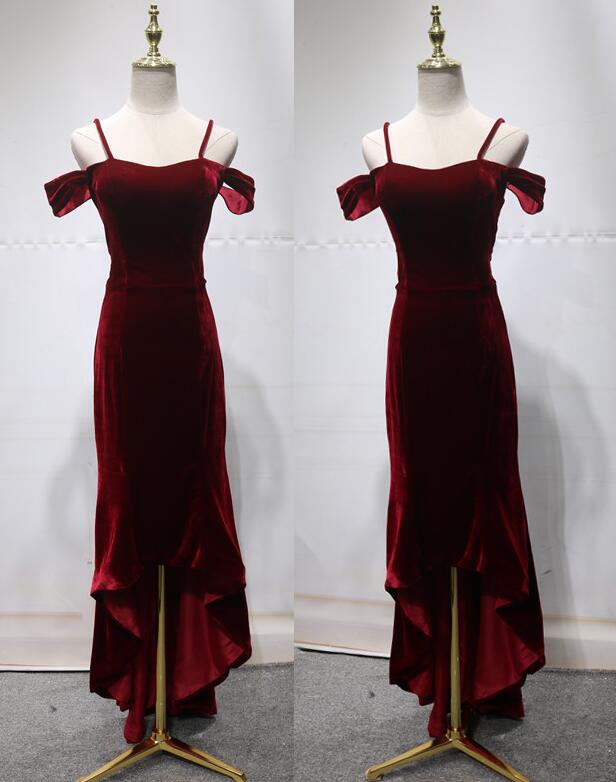 Dark Red Velvet Straps High Low Evening Party Dress, Style Formal Gown
