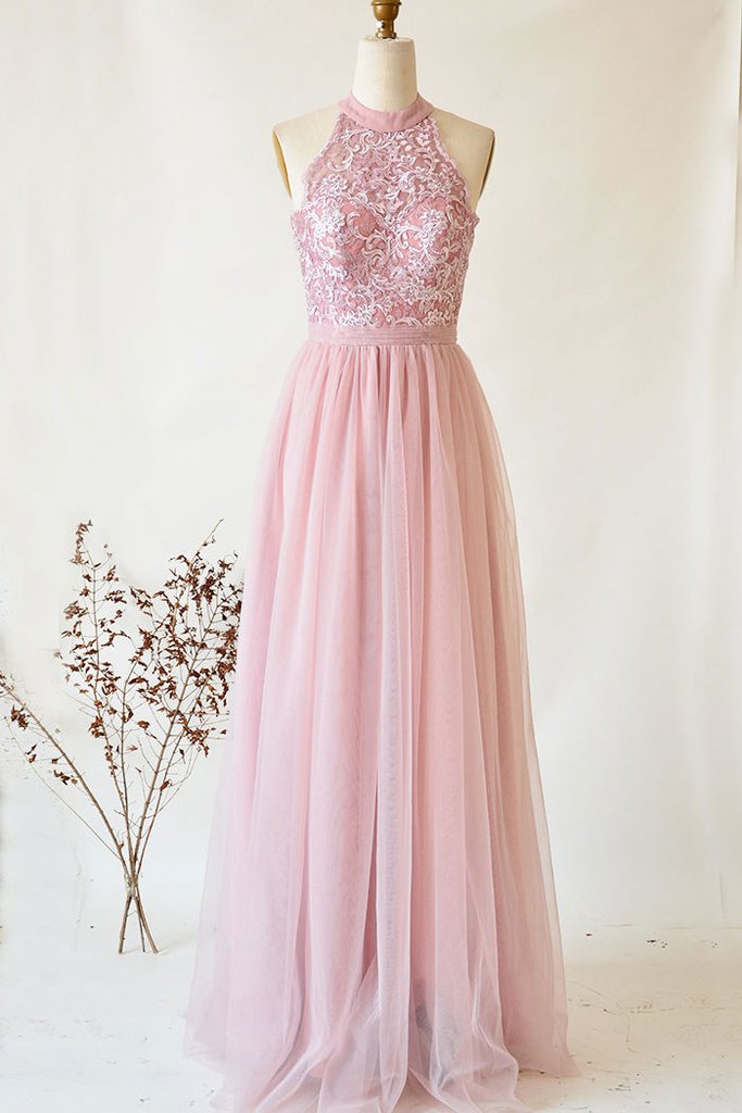 Pink Tulle And Lace Halter Elegant Party Dress, Long Formal Gowns 2019