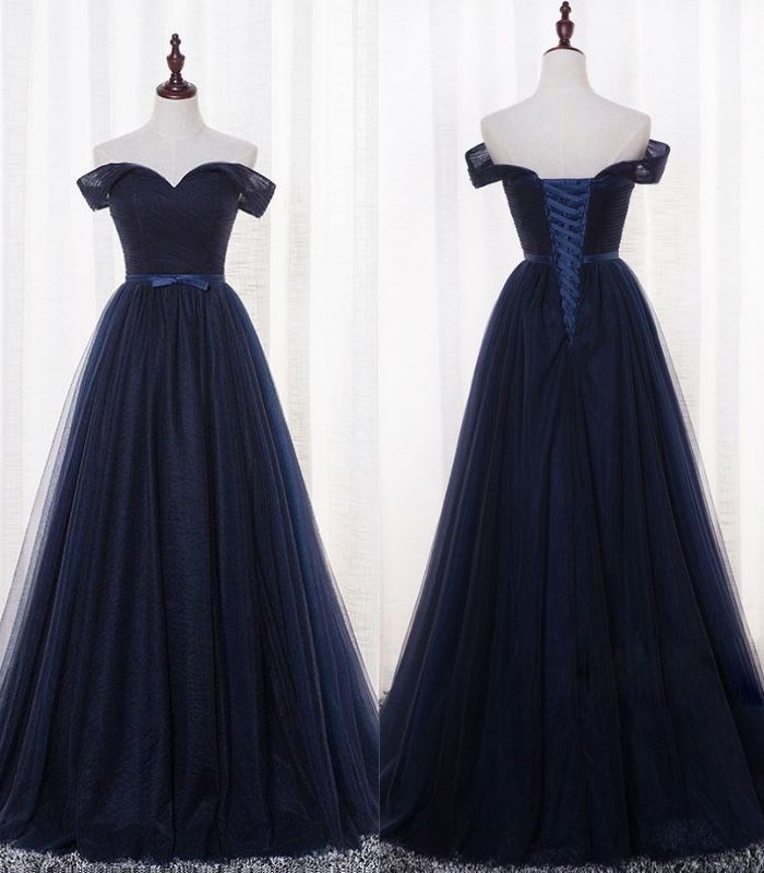 Navy Blue Off Shoulder Bridesmaid Dress, Simple Party Dress, Prom Dress