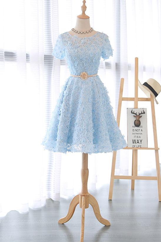 Blue Lace Short Party Dress With Belt, Knee Length Prom Dress