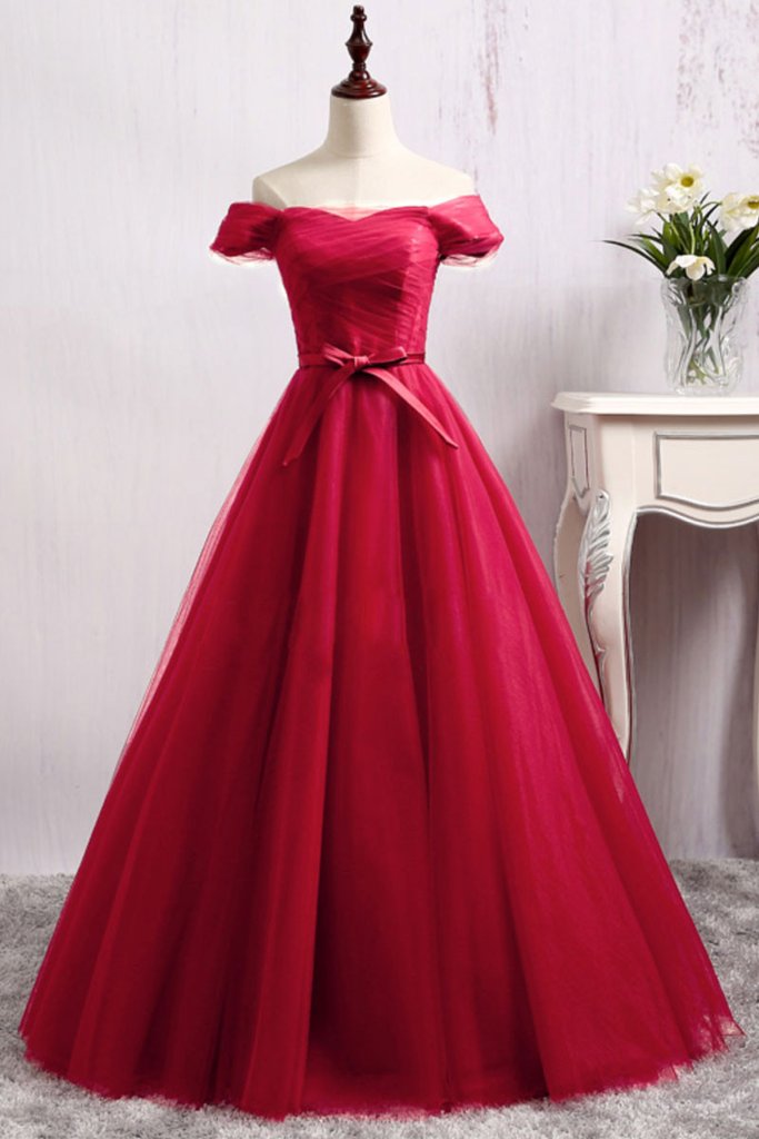 Dark Red Tulle Off Shoulder Style Long Party Gowns, Beautiful Prom Dress