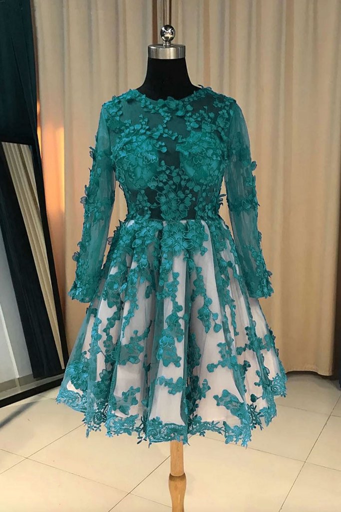 Green Long Sleeves Lace Applique Party Dress 2019, Homecoming Dresses