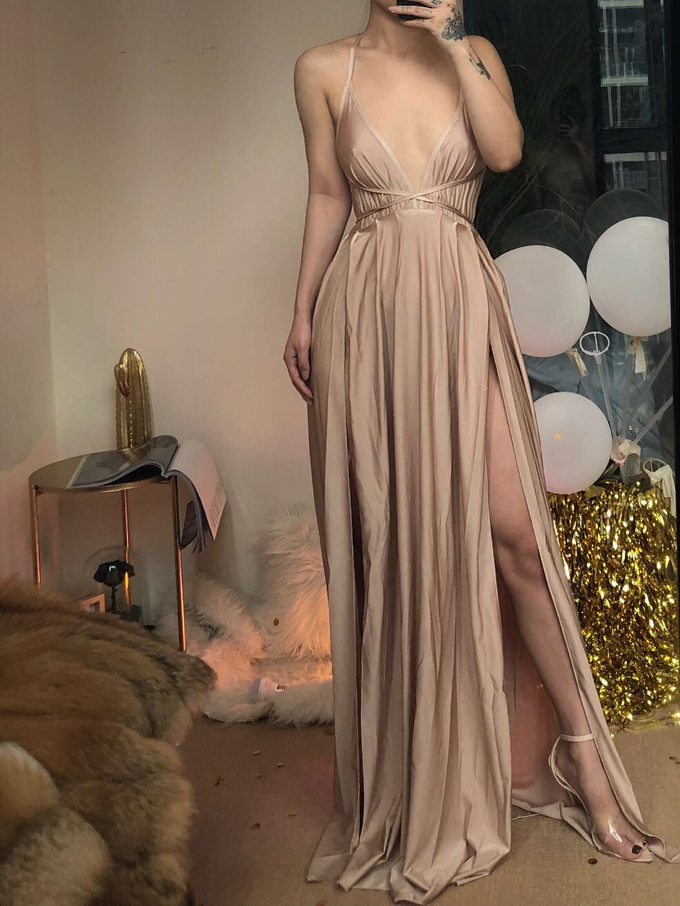 Sexy Champagne High Slit Backless Sexy Party Dress, Women Sexy Party Dress