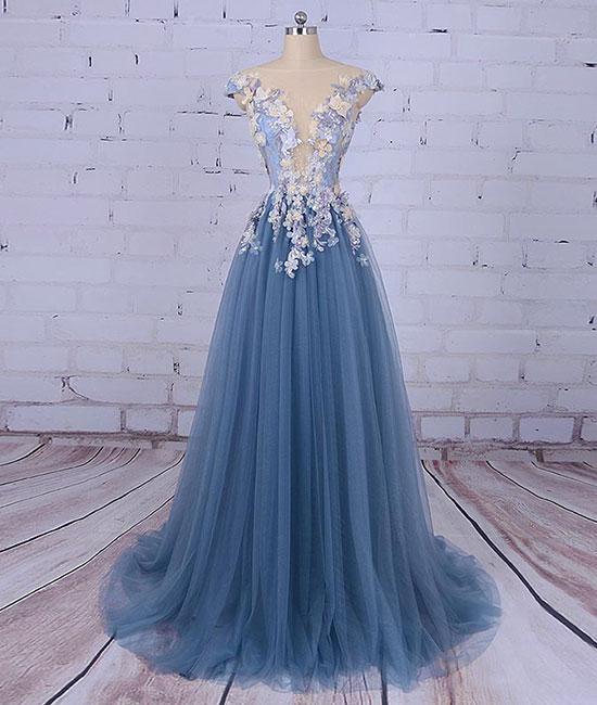Blue Tulle Long Party Dress, A-line Formal Gowns With Flowers