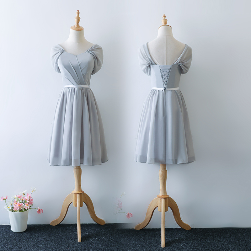 Light Sliver-grey Knee Length Party Dress, Chiffon Bridesmaid Dress 2019