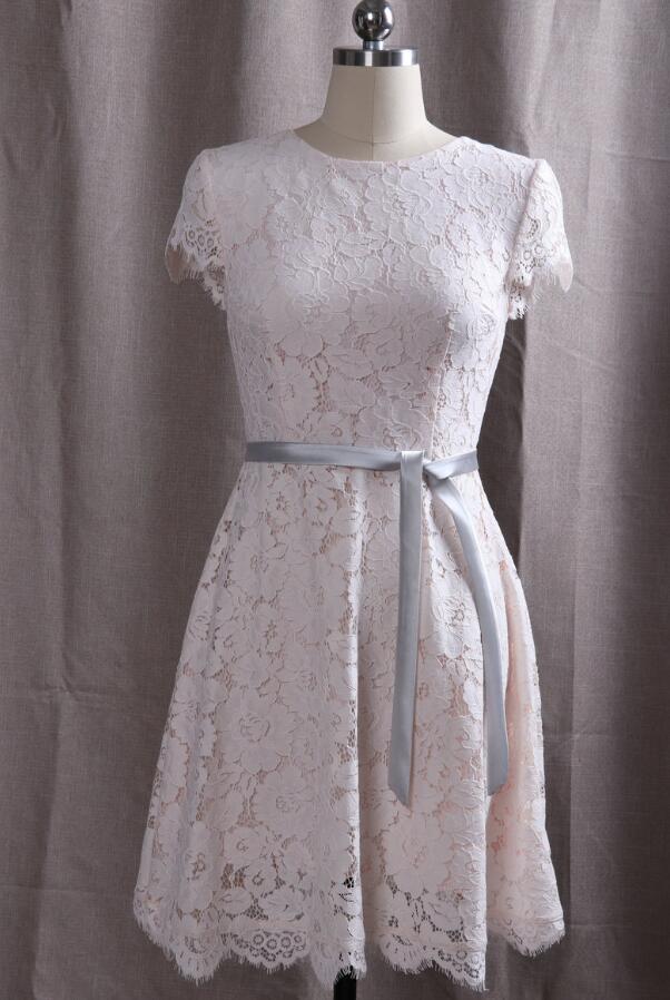 Elegant Lace Cap Sleeves Wedding Party Dress with Belt, Short Party Dresses