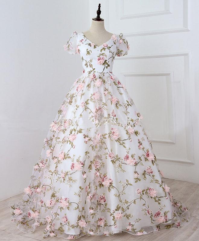 Beautiful Cap Sleeves Flowers Long Party Gown, Charming Formal Dress