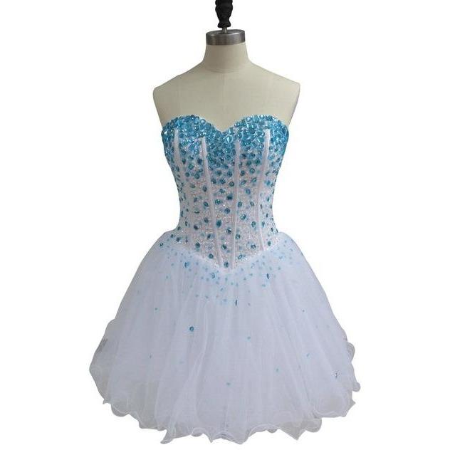 Cute White Crystals Lace Up Tulle Homecoming Dress, Short Party Dress