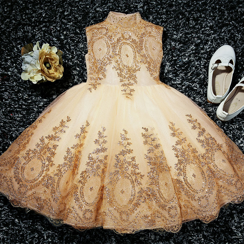 Cute Champagne Tulle With Flower Lace Applique Flower Girl Dress, Cute Little Flower Girl Dress In Stock