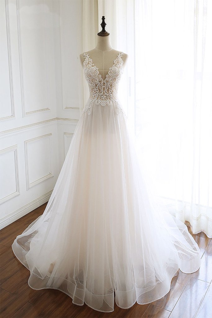 White Elegant Lace V-neckline Long Tulle Wedding Gowns, Charming Party Dresses
