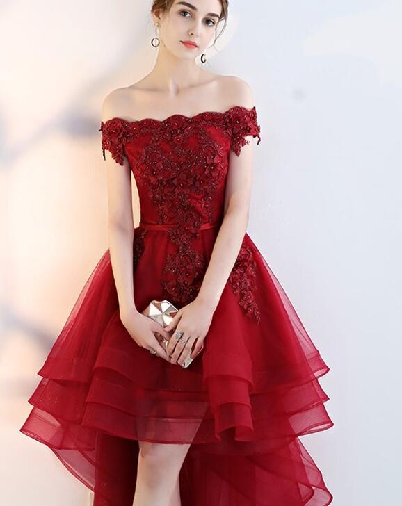 Dark Red Off The Shoulder Tulle Homecoming Dress, High Low Prom Dress