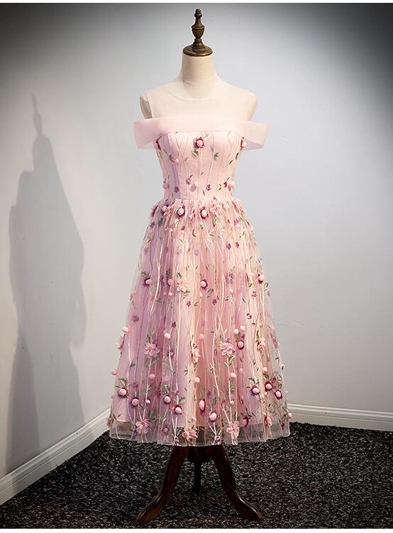 Lovely Pink Tulle Tea Length Floral Dress, Cute Pink Party Dress