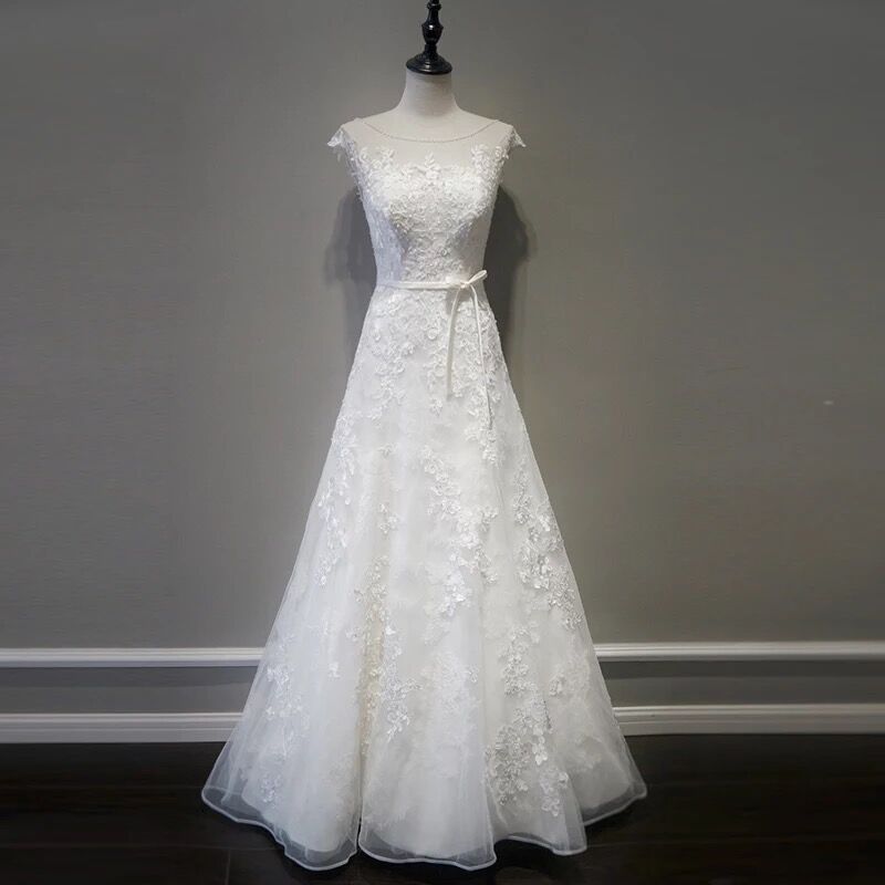 White Lace Elegant Simple Round Neckline Long Formal Dress, White Wedding Dress