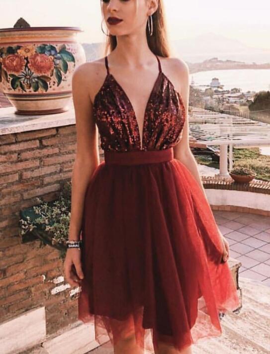 Dark Red Sequins Halter V-neckline Tulle Party Dress, Short Homecoming Dresses