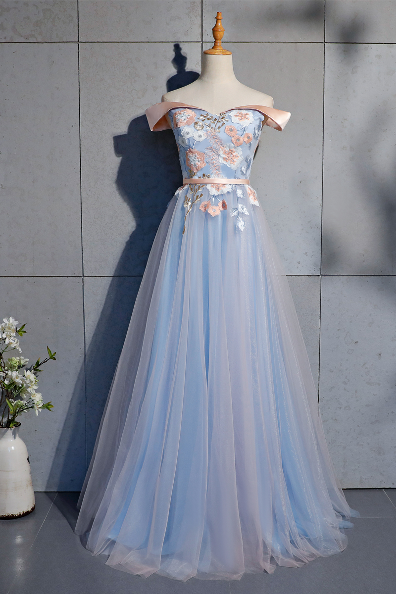 Light Blue And Pink Tulle Sweetheart Prom Dress, Long Prom Dress