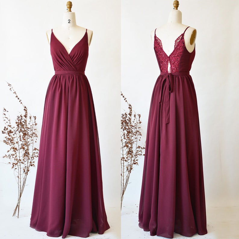 Wine Red Chiffon And Lace Bridesmaid Dress, Beautiful Simple Party Dress