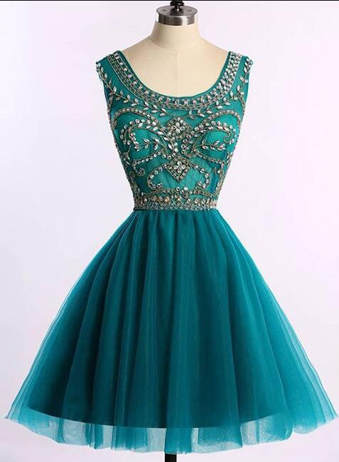 Charming Green Tulle Homecoming Dress 2019, Beaded Formal Dress