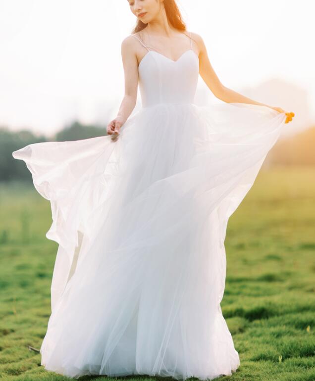 Simple Straps Long Sweetheart Tulle Formal Dress, White Beach Wedding Dress