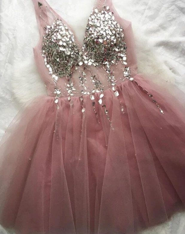 Pink Tulle Party Dress, Pink Beaded Formal Dress, Homecoming Dress