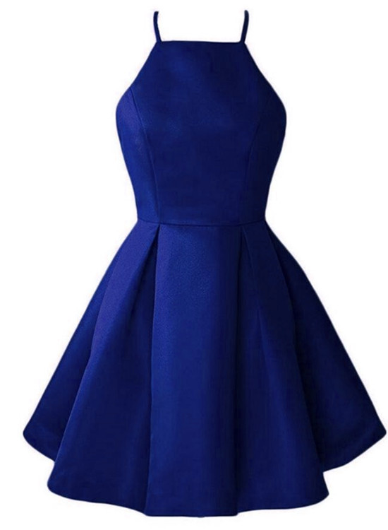 Blue Short Halter Satin Party Dresses, Short Prom Dresses , Blue Homecoming Dresses