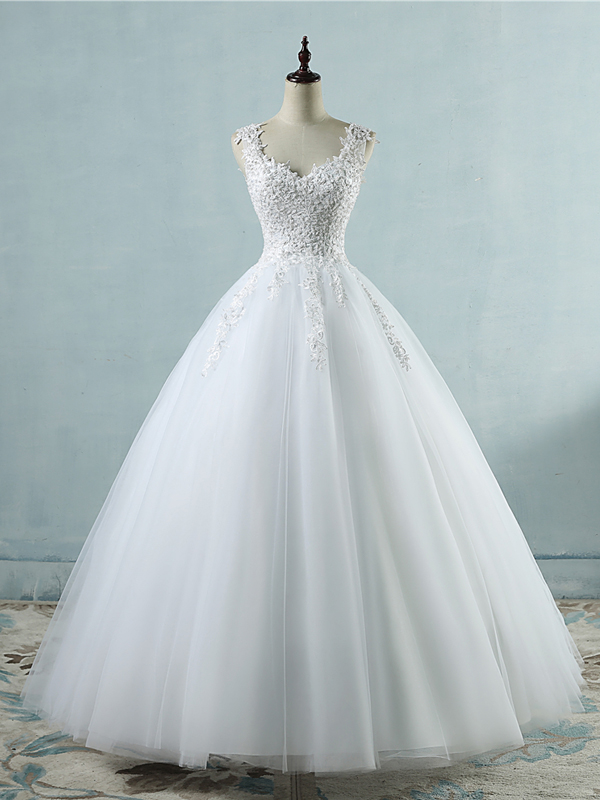 Beautiful White Tulle V-neckline Long Wedding Gown, Charming Bridal Gown