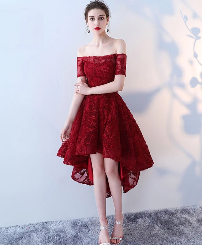 Dark Red High Low Lace Homecoming Dress, Lovely Party Dress 2019