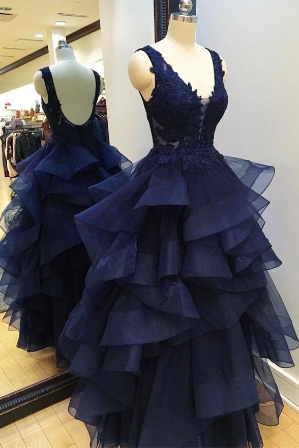 Beautiful V Neck Navy Blue Backless Prom Dresses, Evening Gowns Dress
