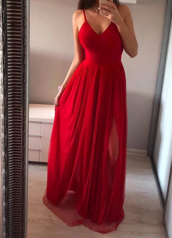 Elegant Spaghetti Straps V Neck Red Split Long Prom Dresses, Red Party Dress