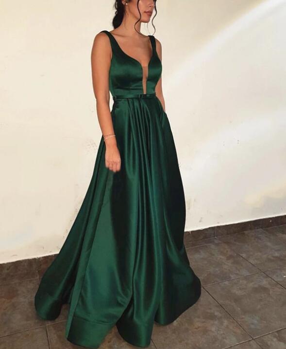Charming Emerald Green Satin V-neck Prom Dresses, Long Backless Evening Gowns