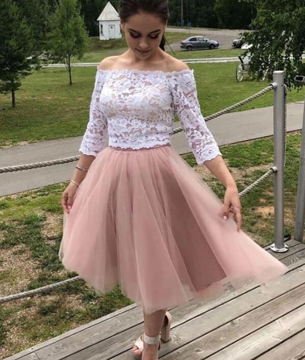 Cute Sleeves Lace Off-shoulder Short Prom Dresses, Two Piece Homecoming Dress