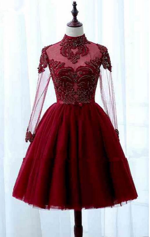 Cute Long Sleeves Red Beaded Homecoming Dress, Junior Prom Dress