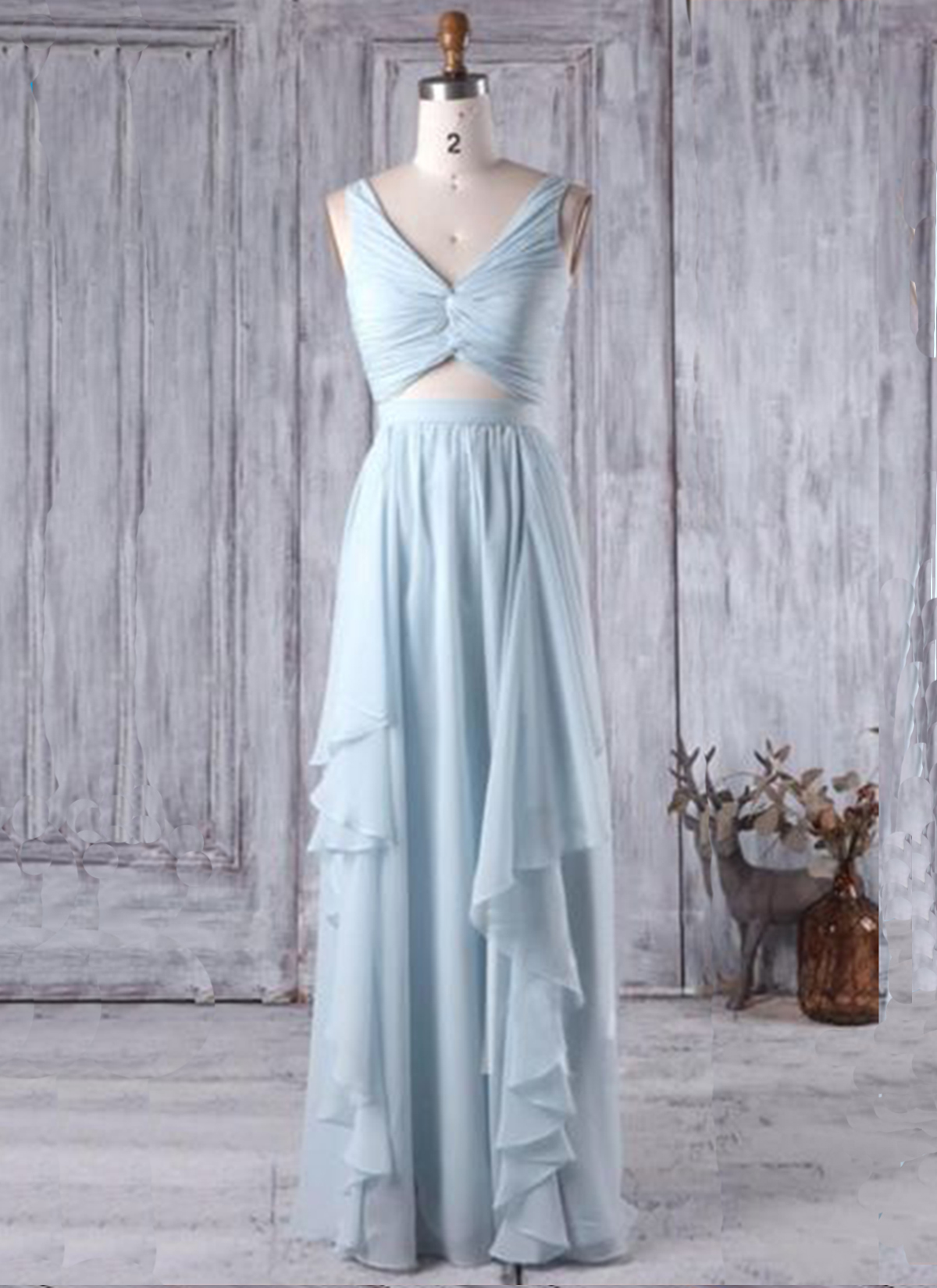 two piece bridesmaid dresses chiffon Beautiful Light Blue Chiffon Two Piece Bridesmaid Dress, Elegant Prom Dress