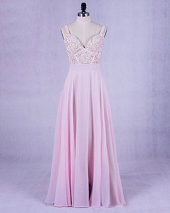 Beautiful Pink Chiffon Straps Long Prom Dress With Lace Applique, Party Dress 2019
