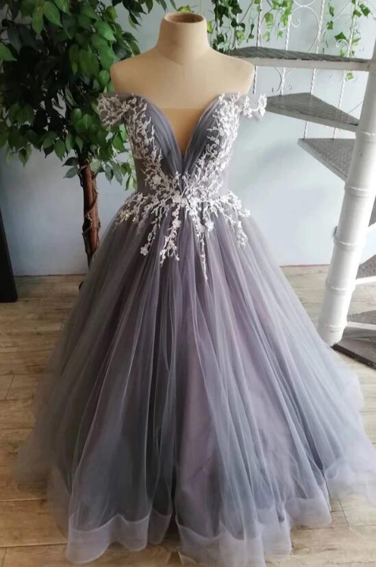 Grey Tulle Lace Applique Long Formal Gown, Grey Prom Dress 2019