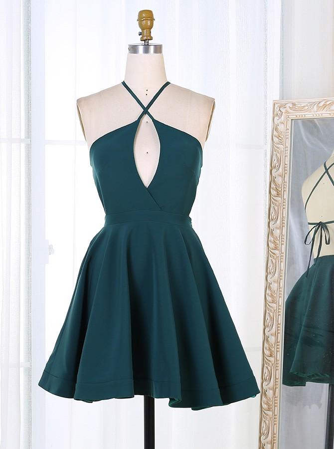 Dark Green Spaghetti Straps Satin Homecoming Dress, Simple Short Prom Dress