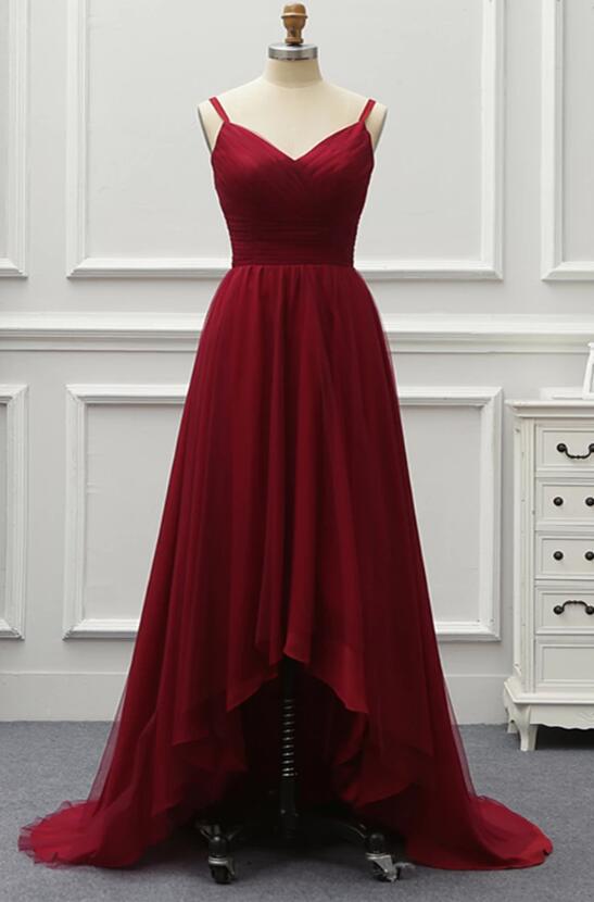 Dark Red High Low Party Dress 2019, Women Straps Bridesmaid Dresses