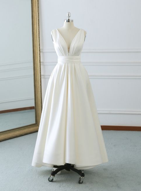 Beautiful Ivory Satin V-neckline Wedding Dress, Charming Tea Length Wedding Dress With Bow