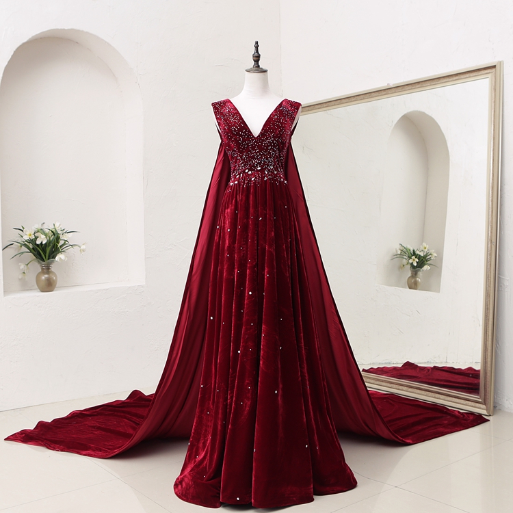 Red Velvet Evening Dresses Long Sleeves Lace Beading Party Prom Gowns H2330  - China Evening Dress and Party Dress price | Made-in-China.com