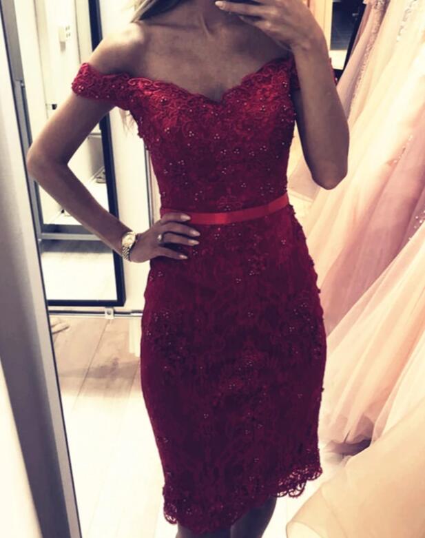 Wine Red Lace Knee Length Homecoming Dress, Off Shoulder Party Dress