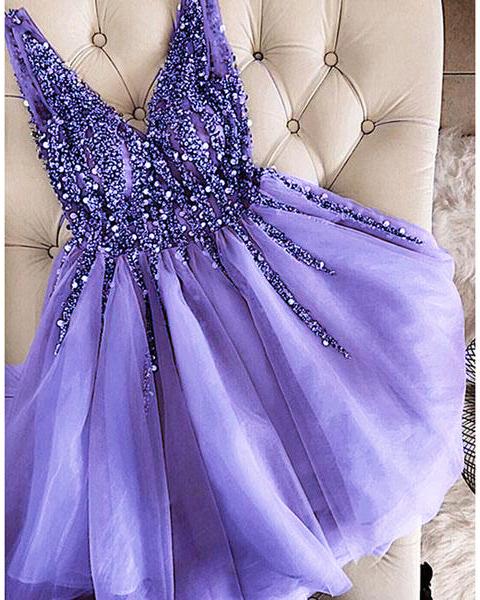 Cute Purple Short Beaded Prom Dresses, Girls Junior Graduation Gown