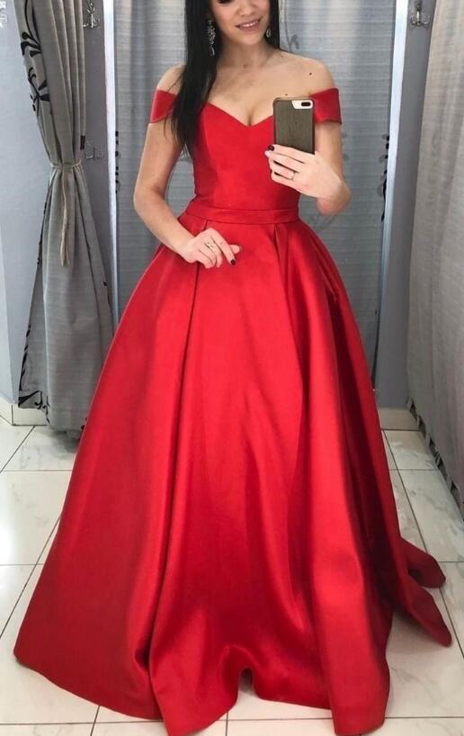 Beautiful Red Off Shoulder Satin Prom Dress, Party Dress 2020