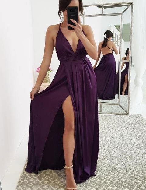 Beautiful Purple Slit Long Party Dress, Silk-chiffon Straps Formal Dress