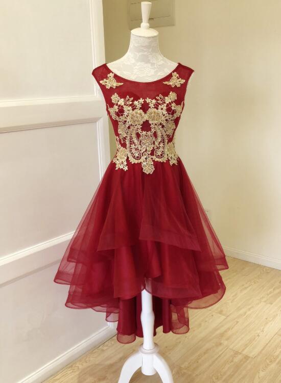 Lovely Wine Red High Low Round Neckline Party Dress, Short Prom Dress